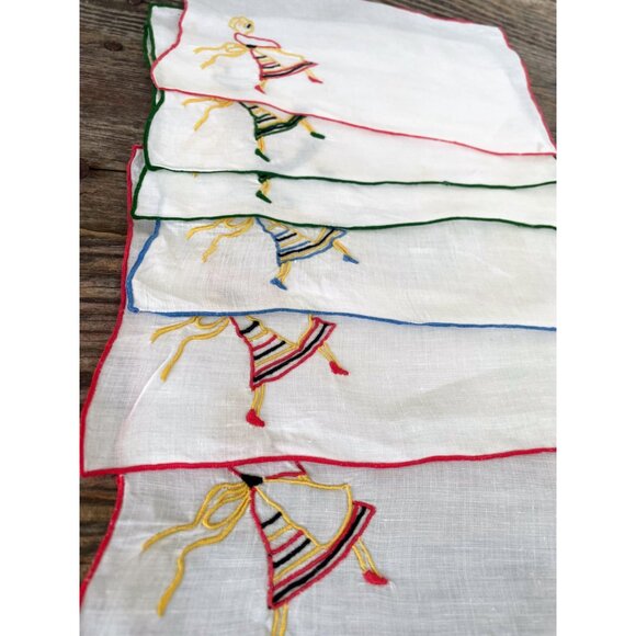 Vintage 1930s Set of 6 Marghab Embroidered Barmaid Cocktail Napkins - Picture 3 of 11